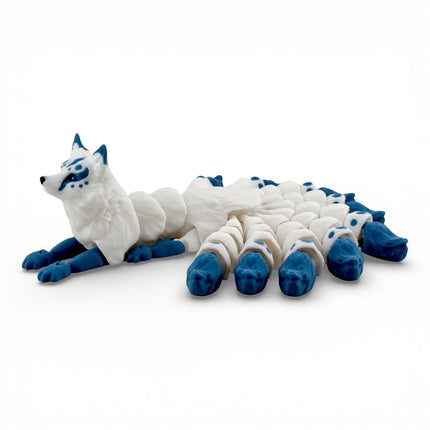 Kitsune3D Printed Articulated Kitsune – White with Gunmetal Blue Tails - Japanese Fox Spirit by KeKreations