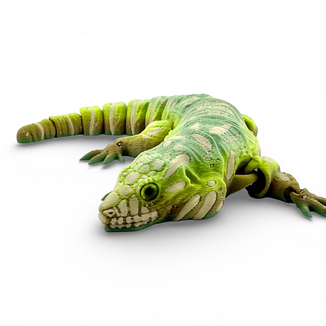 Tegu Lizard Figurine - Matcha Morph, Articulated 3D Printed Reptile, 10 Inch Glass Eyes Desk Decor Gift