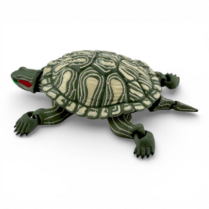 3D Printed Red-Eared Slider Turtle (Olive Green) with Realistic Glass Eyes – Articulated Turtle Model