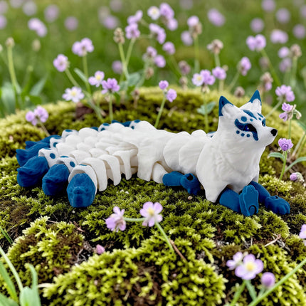 Kitsune3D Printed Articulated Kitsune – White with Gunmetal Blue Tails - Japanese Fox Spirit by KeKreations