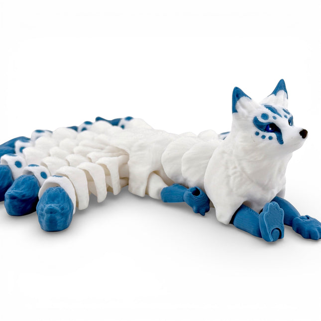 Kitsune3D Printed Articulated Kitsune – White with Gunmetal Blue Tails - Japanese Fox Spirit by KeKreations