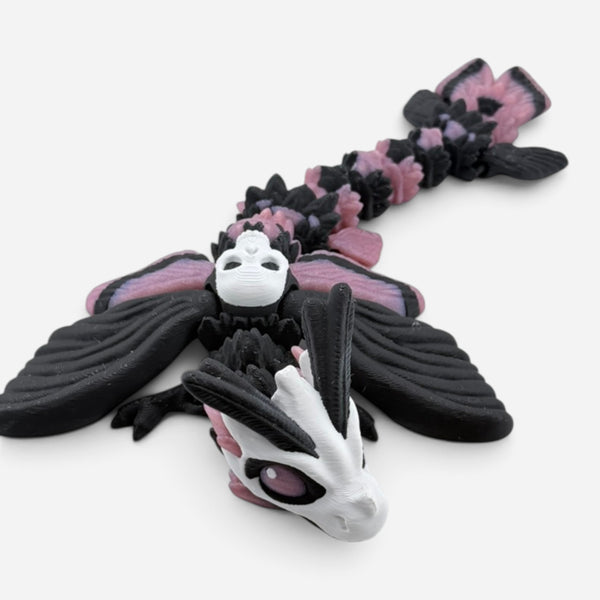 3D printed Death's Head Moth Dragon figurine, Rose Quartz and Black front view