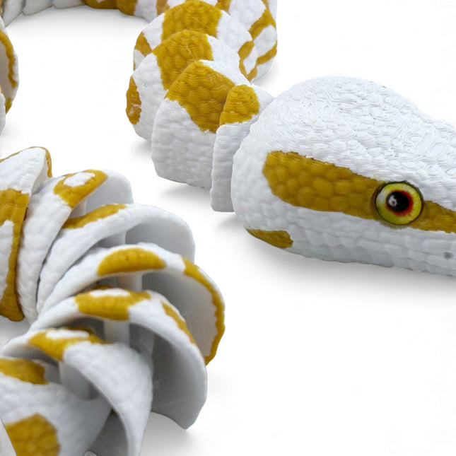 Albino Ball Python Figurine – White & Gold Articulated 3D Printed Snake with Glass Eyes