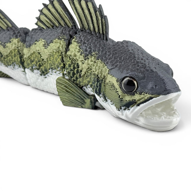 Walleye figurine, articulated 3D printed with glass eyes