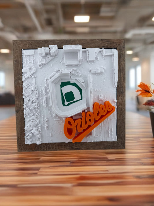 Baltimore Orioles - Framed Topographical Map Art of Camden Yards (3D Raised Logo)