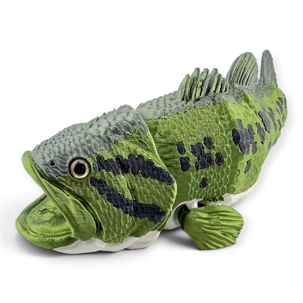 Largemouth bass figurine, olive green 3D printed with glass eyes
