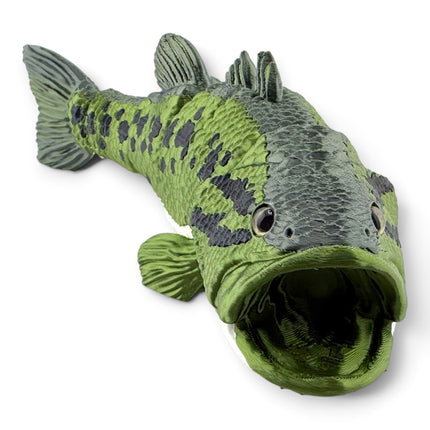 Largemouth bass figurine, olive green 3D printed with glass eyes