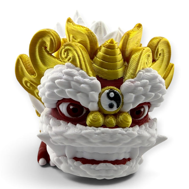 3D printed Chinese Lion figurine, front view in red and gold
