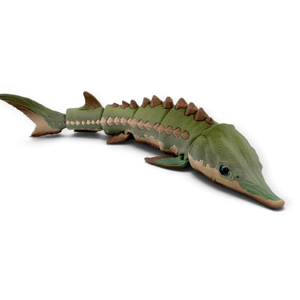 3D printed Green Camo Morph Sturgeon figurine, front view