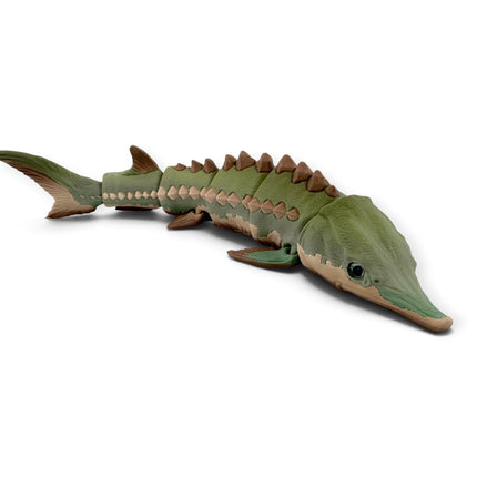 3D printed Green Camo Morph Sturgeon figurine, side profile