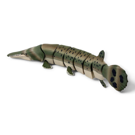 Articulated Alligator Gar Camo Morph figurine flexing on display base