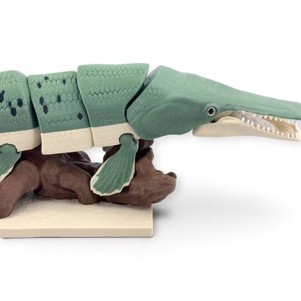 Articulated 3D printed Alligator Gar figurine flexing on display base