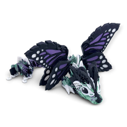 3D printed Fae Wolf Butterfly Dragon figurine, purple to green wings, front view
