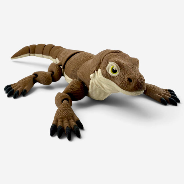 Komodo Dragon Figurine, Brown & White, Articulated Flexi Lizard, 3D Printed