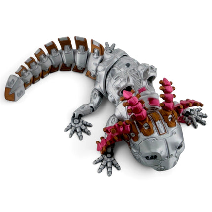 RobotoLotyl Steampunk Axolotl Figurine, Silver Mechanical, 3D Printed, photo 3