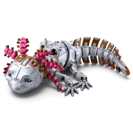 RobotoLotyl Steampunk Axolotl Figurine, Silver Mechanical, 3D Printed
