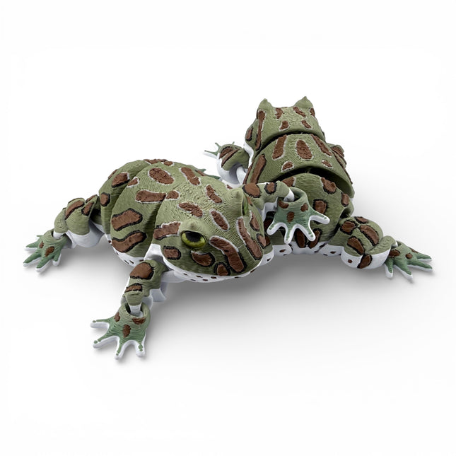 Green Fantasy Frog Figurine, Articulated 5 Inch Flexi Amphibian with Glass Eyes, 3D Printed Desk Decor