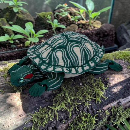 3D Printed Red-Eared Slider Turtle (Dark Green) with Realistic Glass Eyes – Articulated Turtle Model