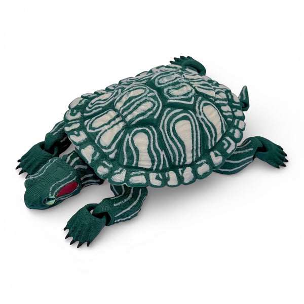 3D Printed Red-Eared Slider Turtle Figurine - Articulated Dark Green Turtle with Glass Eyes, Reptile Lover Gift Desk Decor