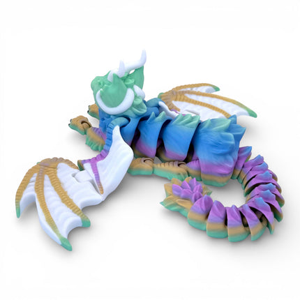 3D Printed Flexi Cat Dragon – Rainbow (13 × 10 × 4 Inches) – Designed by KeKreations