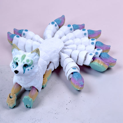 3D Printed Flexi Nine-Tailed Kitsune – White with Rainbow Tails by KeKreations