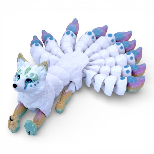 3D Printed Flexi Nine-Tailed Kitsune – White with Rainbow Tails by KeKreations