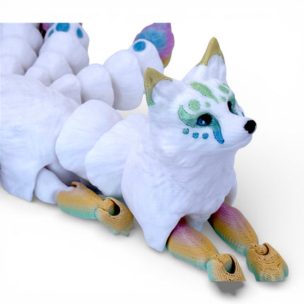 3D Printed Flexi Nine-Tailed Kitsune – White with Rainbow Tails by KeKreations