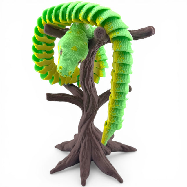 Green Tree Python with Tree Stand, Articulated Flexi 3D Printed Snake Set, Reptile Desk Decor Gift