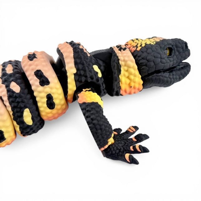 Gila Monster Figurine, Articulated 3D Printed Lizard with Glass Eyes, Orange Gradient Reptile Decor
