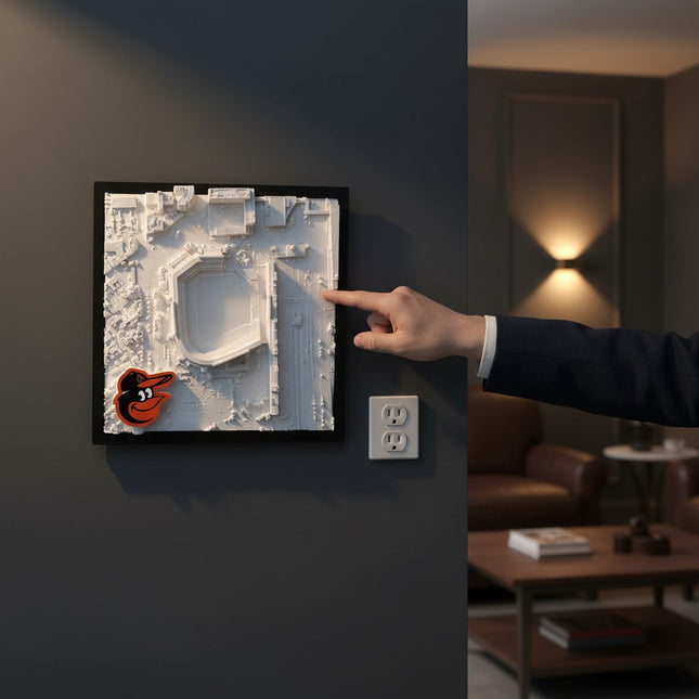 Tidal 3D Printed Baltimore Orioles Camden Yards 3D topographical wall art in a dark brown frame