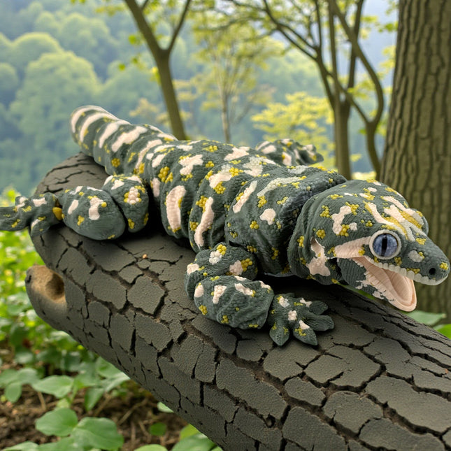 3D Printed Leachie Day Gecko with Realistic Glass Eyes – Olive Green with Printed Markings (9 Inches Long)