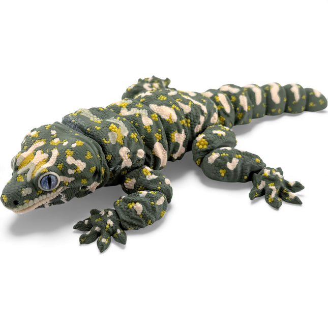 3D Printed Leachie Day Gecko Figurine - Olive Green, 9 Inch Lizard Statue with Glass Eyes, Desk Decor