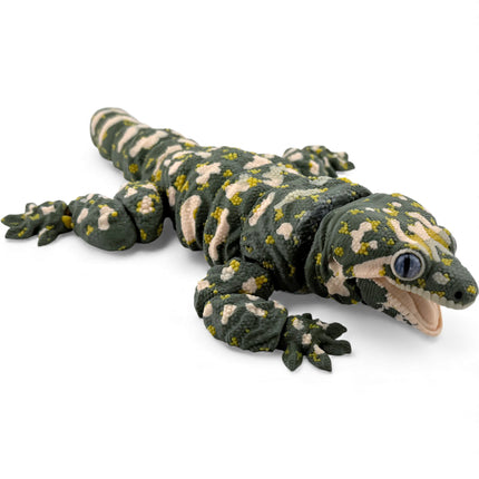 3D Printed Leachie Day Gecko with Realistic Glass Eyes – Olive Green with Printed Markings (9 Inches Long)