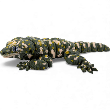 3D Printed Leachie Day Gecko with Realistic Glass Eyes – Olive Green with Printed Markings (9 Inches Long)