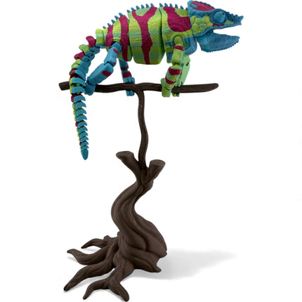 3D Printed Panther Chameleon Figurine on Branch – Green Body with Red & Yellow Markings (12 Inches Long)