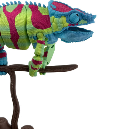 3D Printed Panther Chameleon Figurine on Branch – Green Body with Red & Yellow Markings (12 Inches Long)