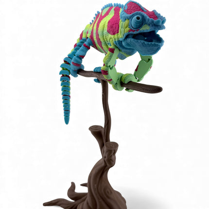 3D Printed Panther Chameleon Figurine on Branch – Green Body with Red & Yellow Markings (12 Inches Long)