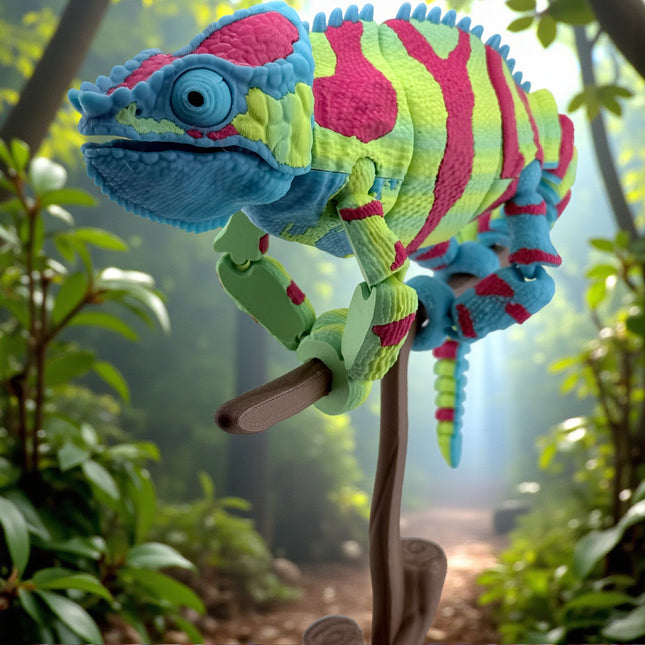 3D Printed Panther Chameleon Figurine on Branch – Green Body with Red & Yellow Markings (12 Inches Long)