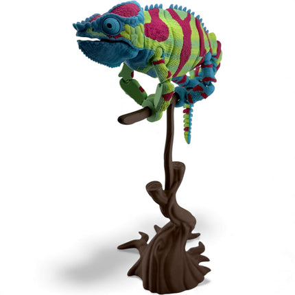3D Printed Panther Chameleon Figurine on Branch – Green Body with Red & Yellow Markings (12 Inches Long)