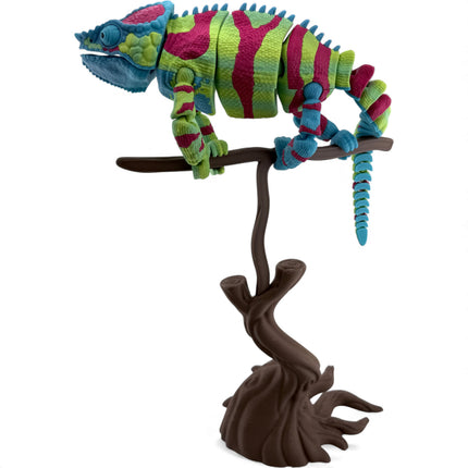 3D Printed Panther Chameleon Figurine on Branch – Green Body with Red & Yellow Markings (12 Inches Long)