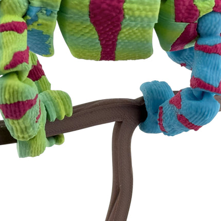 3D Printed Panther Chameleon Figurine on Branch – Green Body with Red & Yellow Markings (12 Inches Long)