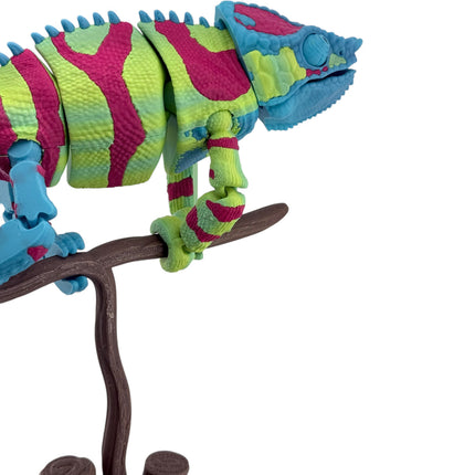 3D Printed Panther Chameleon Figurine on Branch – Green Body with Red & Yellow Markings (12 Inches Long)