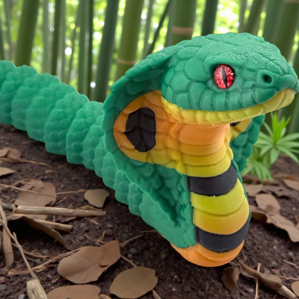 3D Printed Cobra with Realistic Glass Eyes – Green Body with Orange Gradient Hood (21 Inches Long)