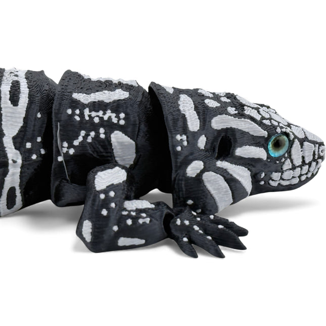 3D Printed Tegu Lizard Figurine - Black Variant, 10 Inch Reptile Decor with Glass Eyes
