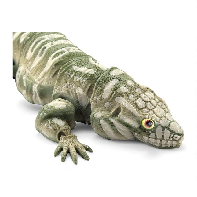 Tegu Lizard Figurine - 3D Printed Camo Green Gradient, 10 Inch Reptile Model with Glass Eyes