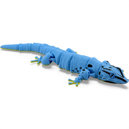 3D Printed Flexi Giant Day Gecko with Realistic Glass Eyes – Gunmetal Blue with Black Head and Front Leg Markings