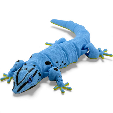 3D Printed Flexi Giant Day Gecko with Realistic Glass Eyes – Gunmetal Blue with Black Head and Front Leg Markings