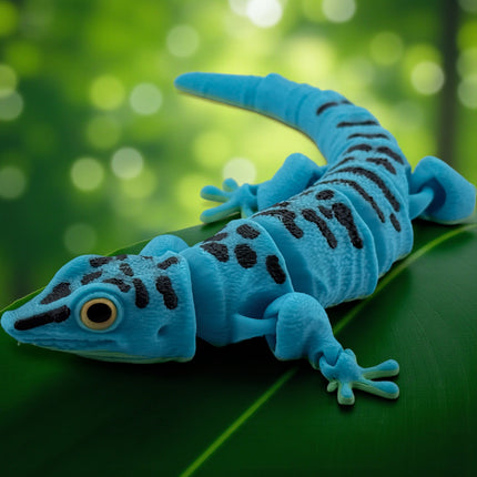3D Printed Flexi Giant Day Gecko with Realistic Glass Eyes – Sky Blue with Full Body Black Markings