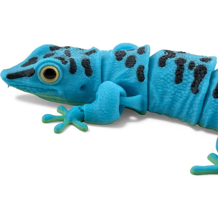 3D Printed Flexi Giant Day Gecko with Realistic Glass Eyes – Sky Blue with Full Body Black Markings