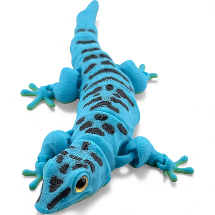 3D Printed Flexi Giant Day Gecko with Realistic Glass Eyes – Sky Blue with Full Body Black Markings